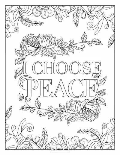 Affirmationstegning til voksne: "I Choose Peace" er gemt i en hvirvel af vedbend og blomsterformer