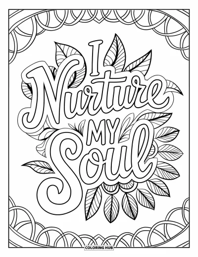 Affirmationstegning til voksne: "I Nurture My Soul" hviler i en blomsterblad-mandala
