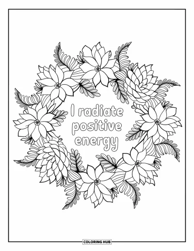 Affirmationstegning til voksne: "I Radiate Positive Energy" blomstrer inde i en sukkulent-mandala
