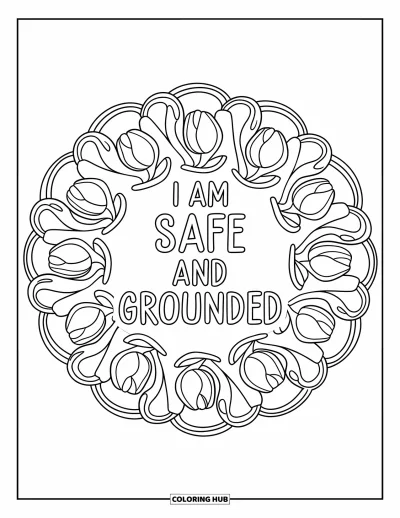 Affirmationstegning til voksne: Lagdelte lianer og tulipaner løber blidt om "I Am Safe and Grounded"