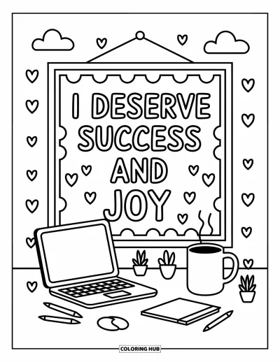 Affirmationstegning til voksne: Minieredskaber og skyer gør et rum hyggeligt med teksten "I deserve success and joy"