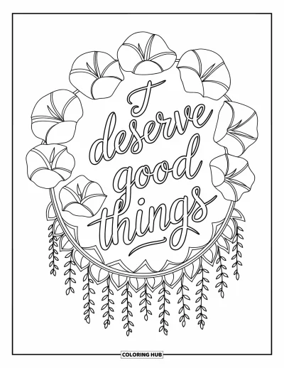 Affirmationstegning til voksne: Pragtstjerner og stilke omkranser ordene "I Deserve Good Things"