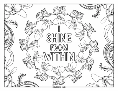 Affirmationstegning til voksne: Orkidéblomster og løvsprøjt indrammer sætningen "I Shine from Within"