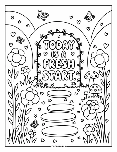 Affirmationstegning til voksne: Oversized blomster blomstrer nær et skilt med "Today is a fresh start"