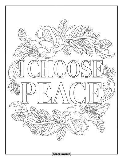 Affirmationstegning til voksne: Pæoner og vedbend snor sig om ordene "I Choose Peace"