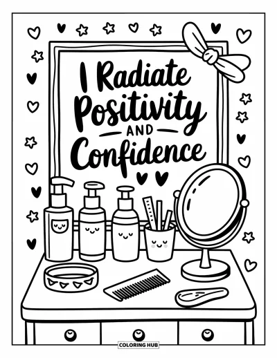 Affirmationstegning til voksne: Hudpleje og et spejl rammer sætningen "I radiate positivity and confidence"