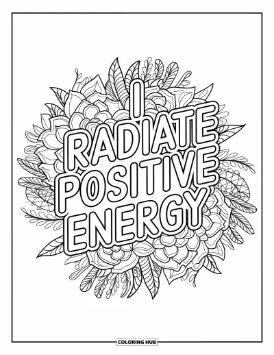 Affirmationstegning til voksne: Sukkulenter og vilde blade omgiver "I Radiate Positive Energy"