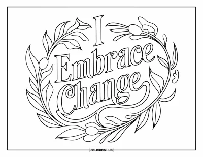 Affirmationstegning til voksne: Svimlende blade og blomster rummer budskabet "I Embrace Change"