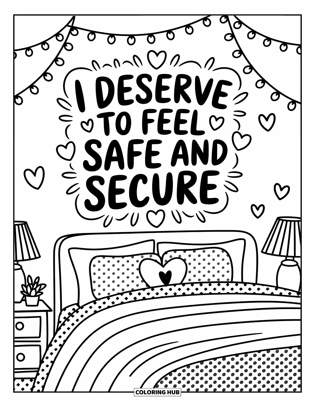 Affirmation Coloring Page for Adults: Teddy bears and stars cozy up a bed under the quote "I deserve to feel safe"