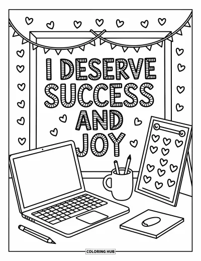 Affirmationstegning til voksne: Bitte stjerner og hjerter pynter et arbejdsrum med budskabet "I deserve success and joy"