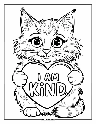 Affirmationstegning til børn: En stor-øjet kat krammer et hjerte med "I Am Kind" ovenover