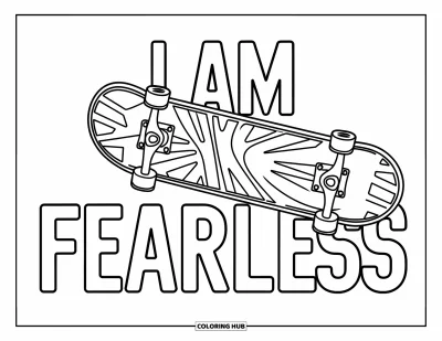 Affirmationstegning til børn: Et stort skateboard svæver i luften med sætningen "I Am Fearless"