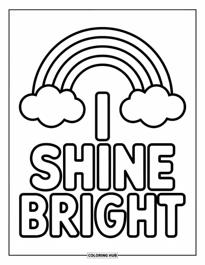 Affirmationstegning til børn: En stor regnbue strækker sig over to skyer med "I Shine Bright" nedenunder