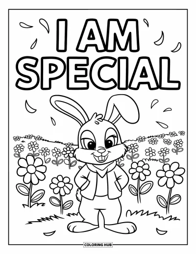 Affirmationstegning til børn: En kanin i jakke står i blomster under ordene "I Am Special"