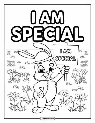 Affirmationstegning til børn: En kanin i blomster holder et skilt med "I Am Special"