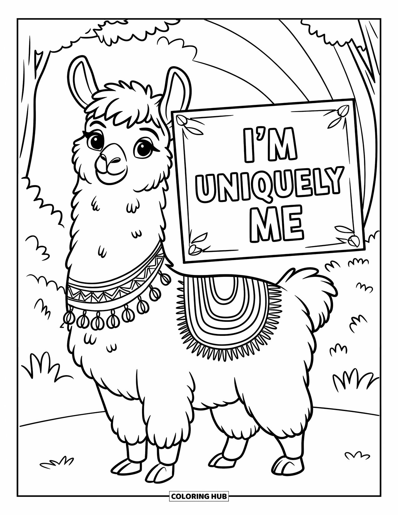 Affirmation Coloring Page for Kids: A calm llama holds a sign that says "I'm Uniquely Me" near a rainbow