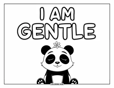 Affirmationstegning til børn: En rolig panda med lukkede øjne hviler under "I Am Gentle"