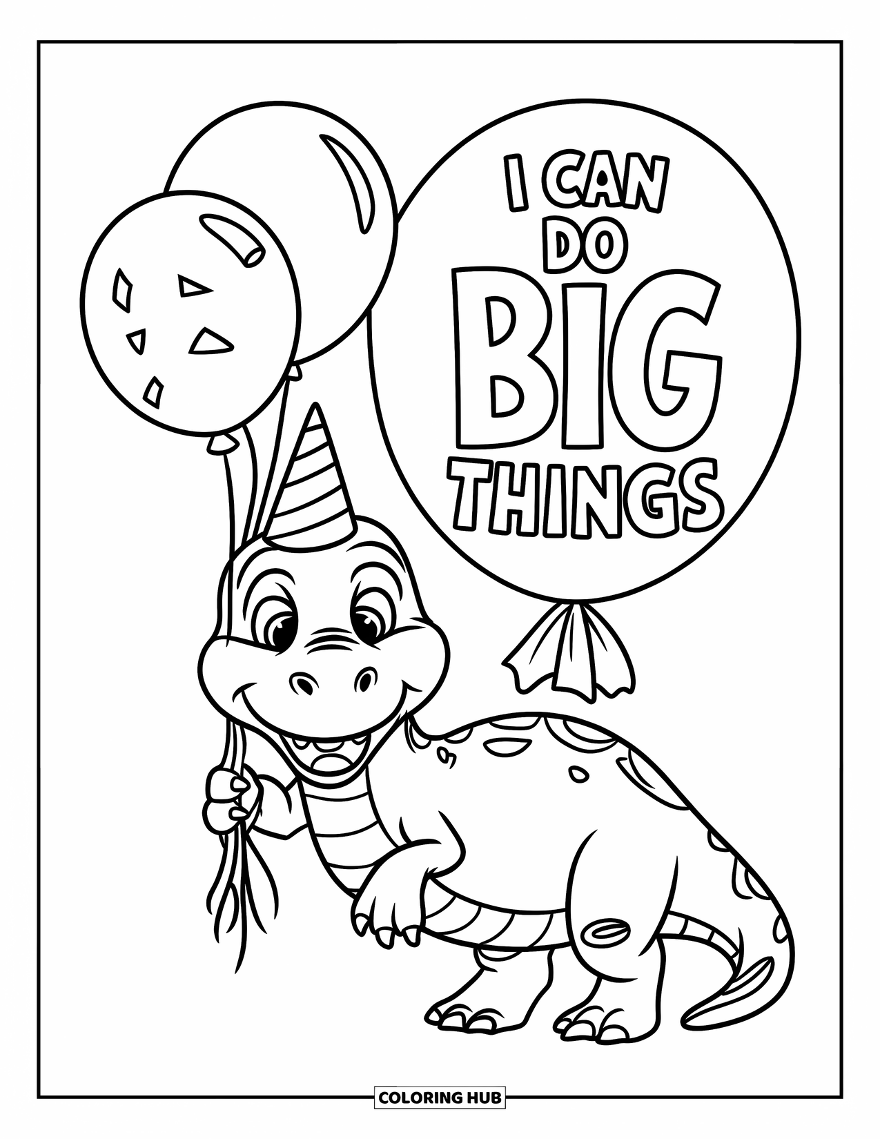 Affirmation Coloring Page for Kids: A cheerful dino beams with balloons and the phrase "I Can Do Big Things"