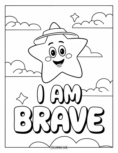 Affirmationstegning til børn: En glad stjerne med hat driver gennem skyer med "I Am Brave"