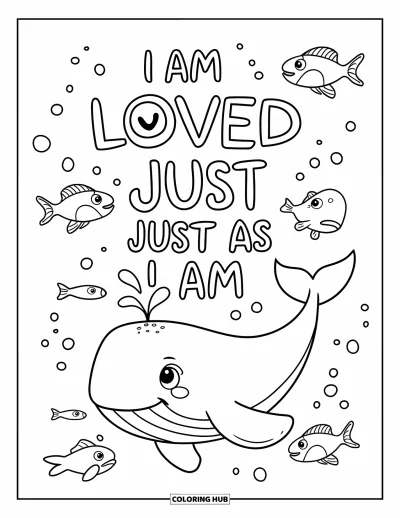 Affirmationstegning til børn: En glad hval glider af sted med fisk under sætningen "I Am Loved Just As I Am"