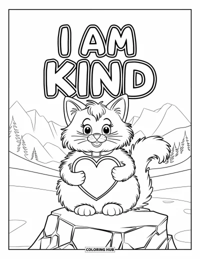 Affirmationstegning til børn: En rolig kat på en sten holder et hjerte under ordene "I Am Kind"