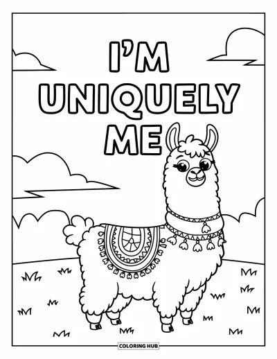 Affirmationstegning til børn: En hyggelig lama med tæppe smiler under ordene "I'm Uniquely Me"