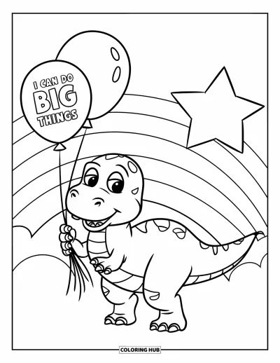Affirmationstegning til børn: En dinosaur holder balloner og smiler med sætningen "I Can Do Big Things"