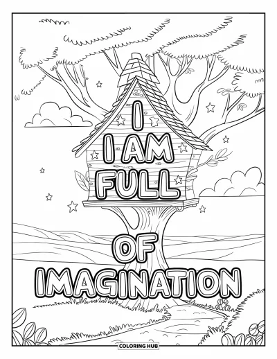 Affirmationstegning til børn: Et drømmende træhus rejser sig med stiger og "I Am Full of Imagination" strålende ovenover