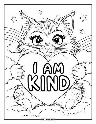 Affirmationstegning til børn: En fluffy kat sidder på en sky og holder et hjerte med "I Am Kind"