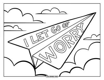 Affirmationstegning til børn: Et flyvende papirfly bærer budskabet "I Let Go of Worry"