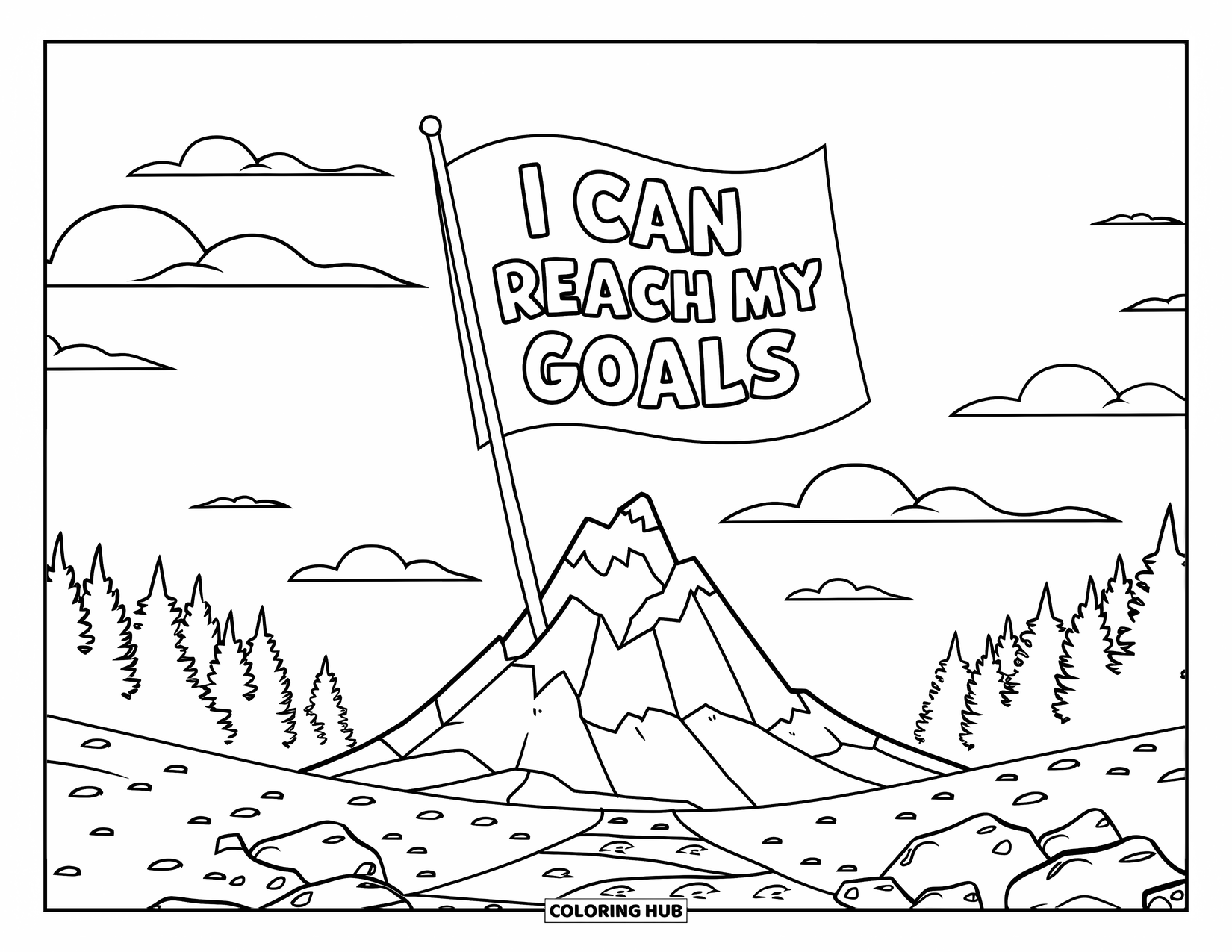 Affirmation Coloring Page for Kids: A forested mountain path leads to a flag marked "I Can Reach My Goals"