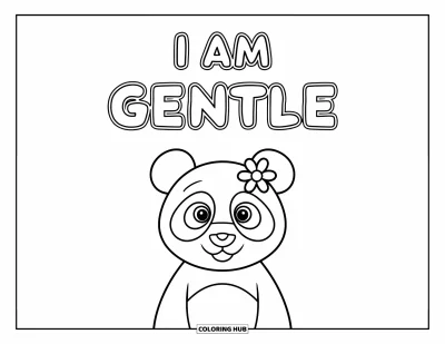 Affirmationstegning til børn: En blid panda med en blomst på hovedet hviler under sætningen "I Am Gentle"