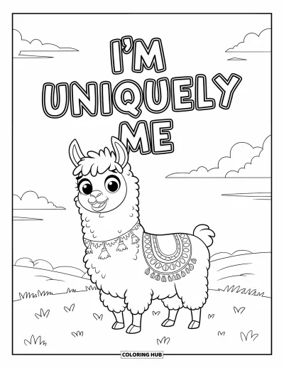 Affirmationstegning til børn: En glad lama på en mark står oprejst med "I'm Uniquely Me" ovenover