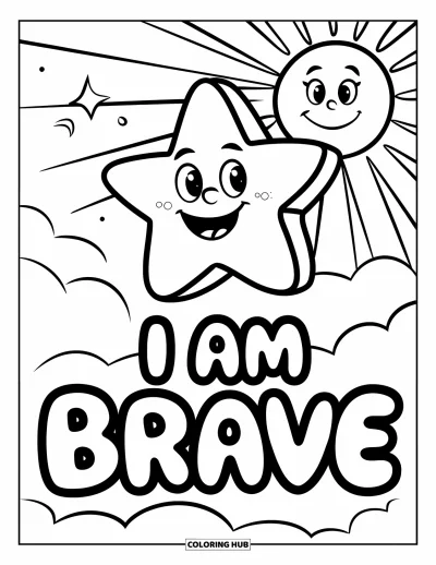 Affirmationstegning til børn: En glad stjerne med krone lyser ved siden af en smilende sol og "I Am Brave"