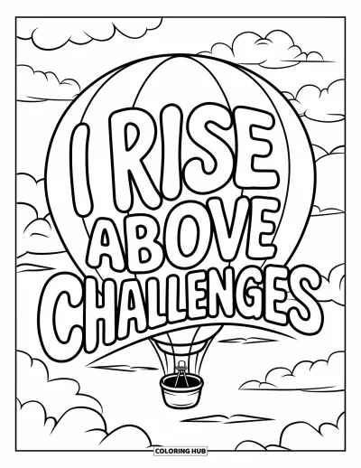 Affirmationstegning til børn: En luftballon svæver mellem skyer med "I Rise Above Challenges" skrevet nedenunder