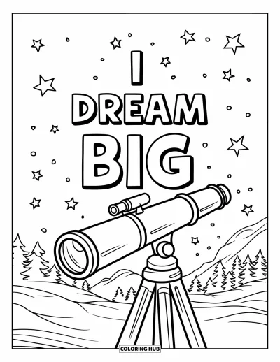 Affirmationstegning til børn: Et stort teleskop peger mod himlen under funklende stjerner og "I Dream Big"