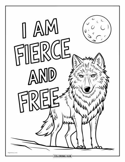 Affirmationstegning til børn: En ensom ulv står under månen med "I Am Fierce and Free"