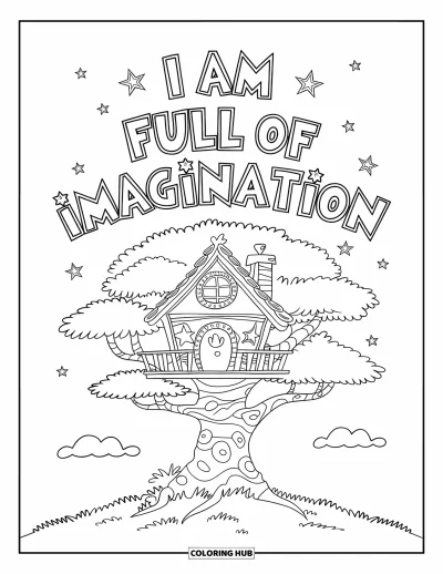 Affirmationstegning til børn: Et magisk træhus lyser med stjerner og ordene "I Am Full of Imagination"