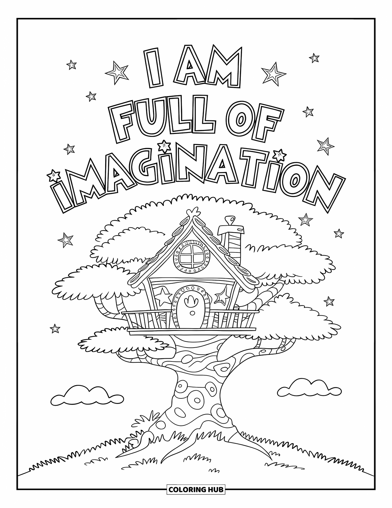 Affirmation Coloring Page for Kids: A magical treehouse glows with stars and the words "I Am Full of Imagination"