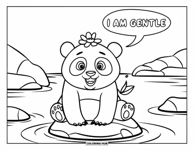 Affirmationstegning til børn: En panda sidder ved vandet med en blomst og sætningen "I Am Gentle"