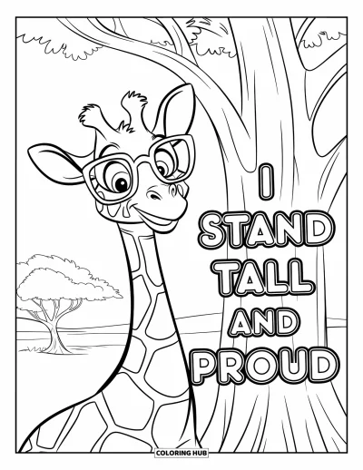 Affirmationstegning til børn: En stolt giraf med briller står ved et træ med "I Stand Tall and Proud"