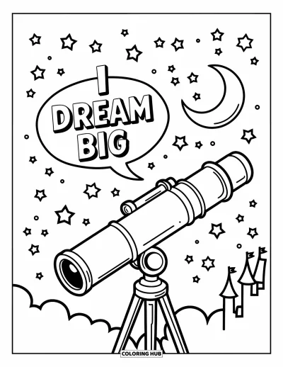Affirmationstegning til børn: En stjernehimmel lyser over et teleskop med "I Dream Big" i en taleboble