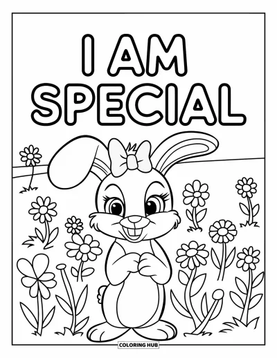 Affirmationstegning til børn: En sød kanin med en sløjfe smiler i et blomstereng med teksten "I Am Special"