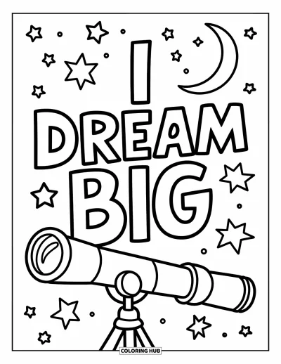 Affirmationstegning til børn: Et teleskop peger mod stjernerne med sætningen "I Dream Big"