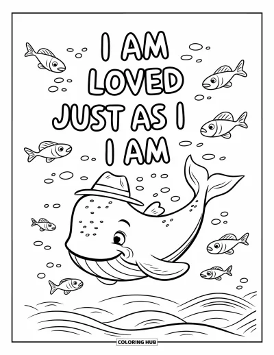 Affirmationstegning til børn: En hval med hat svømmer glad med fisk og ordene "I Am Loved Just As I Am"