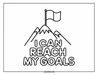 Affirmationstegning til børn: Et flagrende flag topper et bjerg med teksten "I Can Reach My Goals"