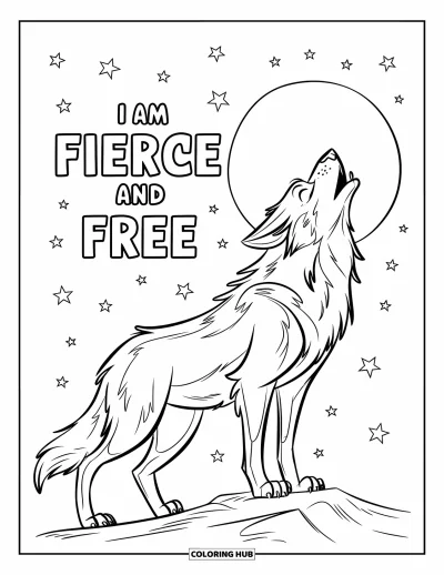 Affirmationstegning til børn: En ulv tuder under måneskinn med "I Am Fierce and Free" ovenover