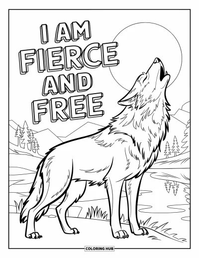 Affirmationstegning til børn: En ulv under måneskinn står stolt med "I Am Fierce and Free"