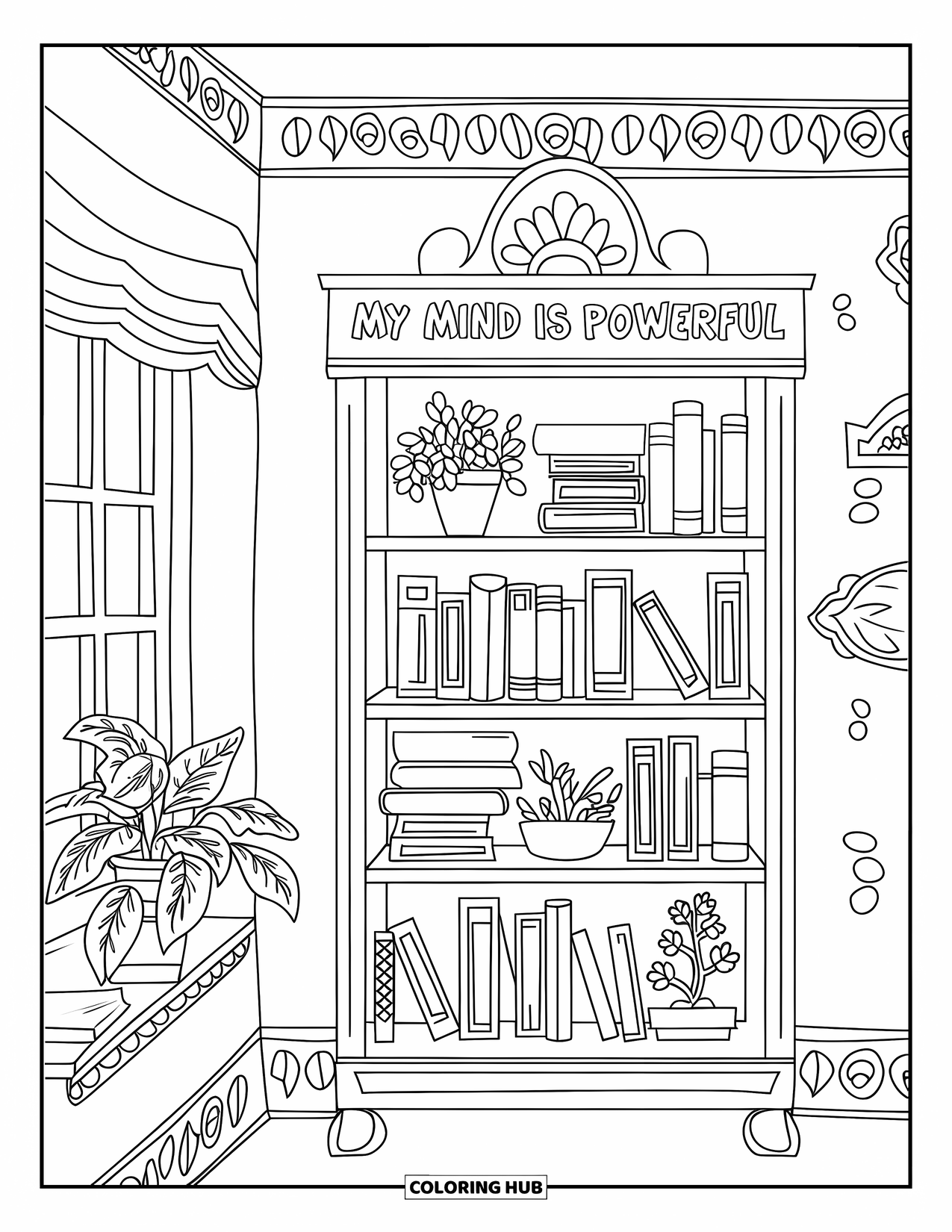 Affirmation Coloring Page for Kids: Books, plants, and wall decor surround the words "My Mind Is Powerful"