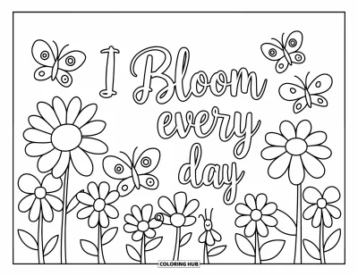 Affirmationstegning til børn: Sommerfugle svæver over blomster under budskabet "I Bloom Every Day"
